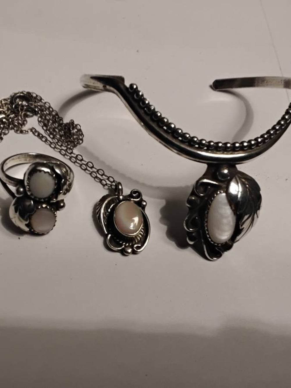 Vintage Navajo Sterling Silver Mother-of-Pearl Bracelet, Pendant & Ring Set